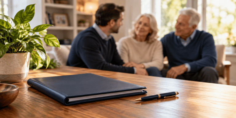 Family discussing an inheritance plan beside a trust document in a home office