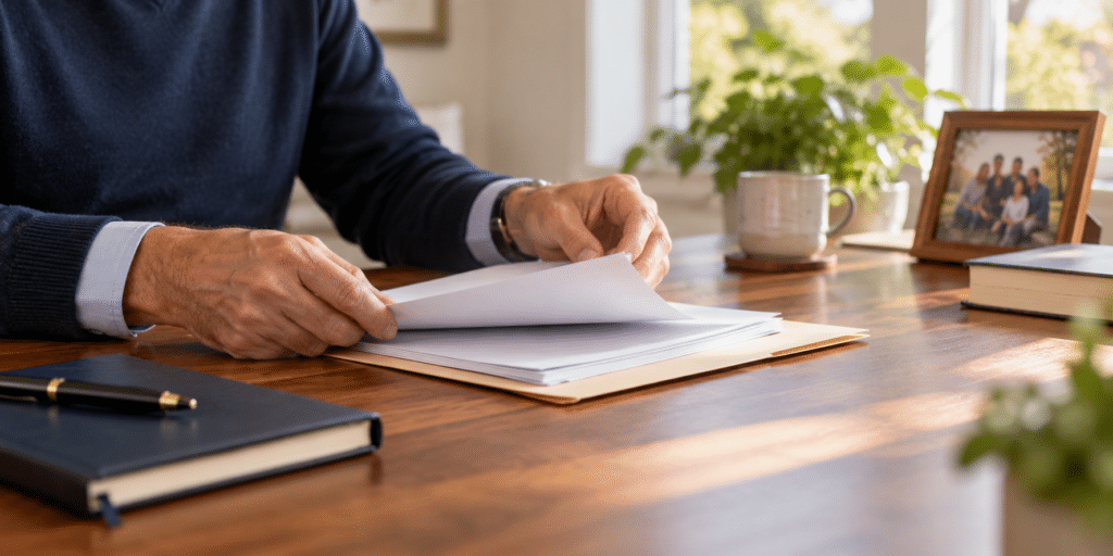 Executor reviewing estate papers at a desk with a family photograph nearby